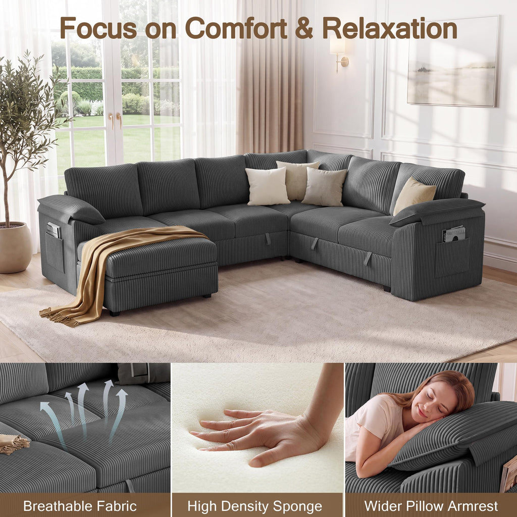 108" Modular Sectional Sofa with Pull Out Bed, L Shaped Sectional Couch