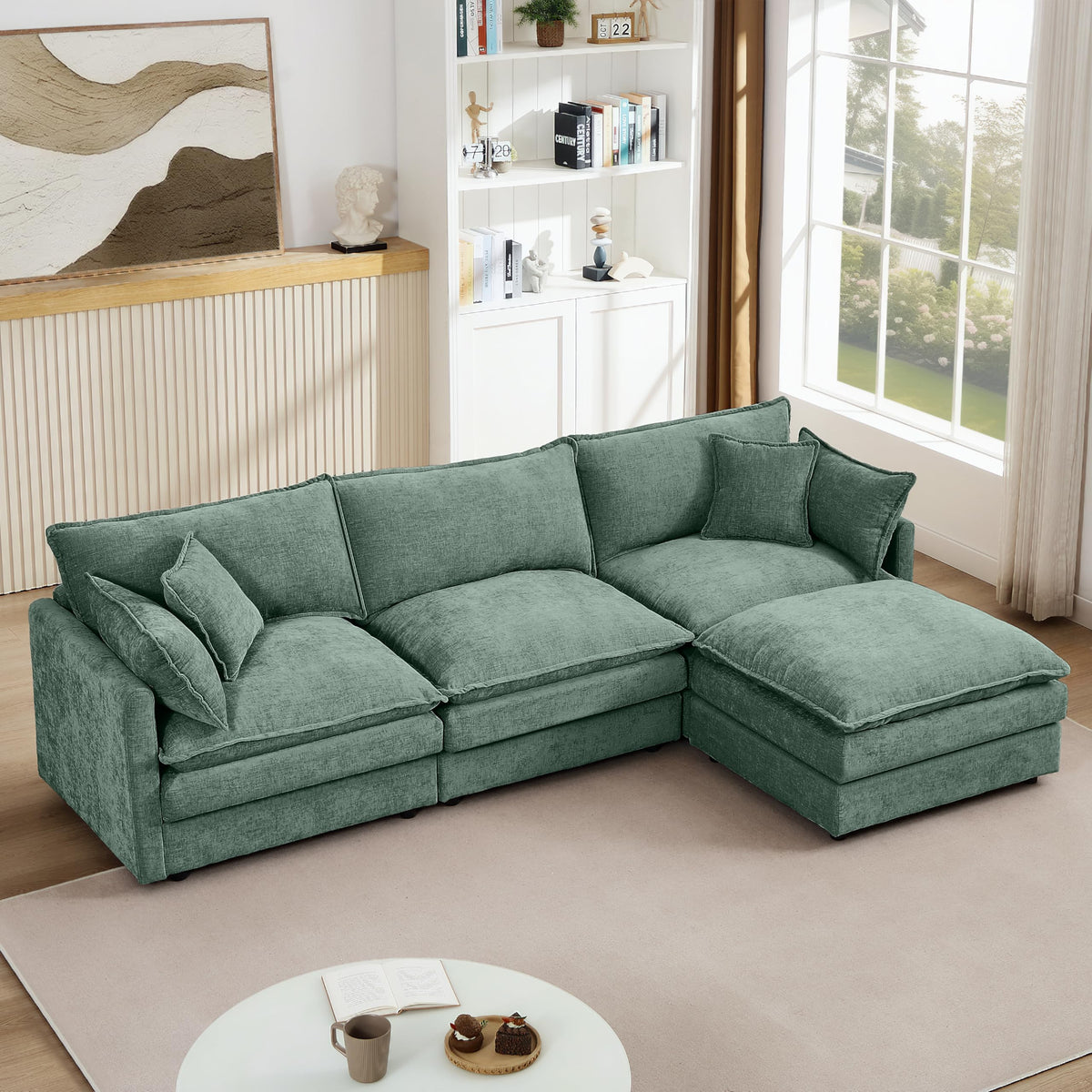 106" U-Shape Modular Sofa w/Ottoman, 4-Seater Chenille Cloud Couch, Coffee