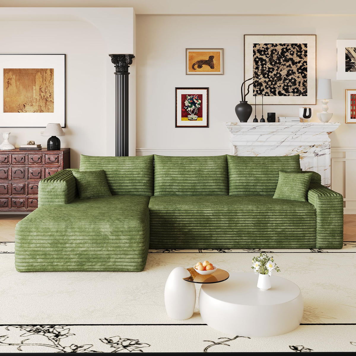 103" U Shaped Cloud Modular Boneless Sectional Couch Right Chaise, Green