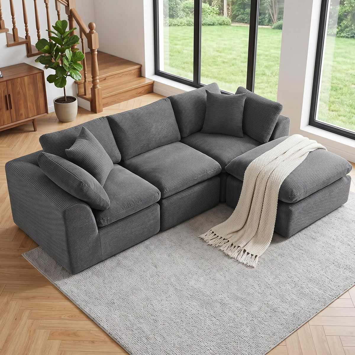 110" Beige Boneless Sectional Couch with Ottoman