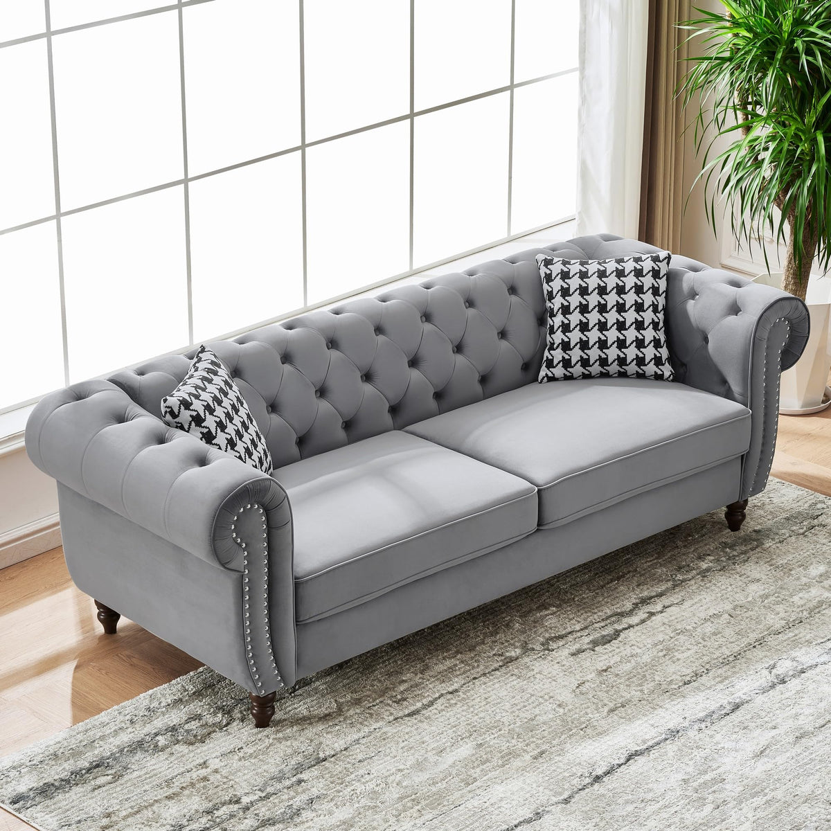 Tidyard 3-Seater Velvet Sofa with Roll Arms & Nailhead Trim, Mid Century Modern Couch for Living Room, Office, Grey