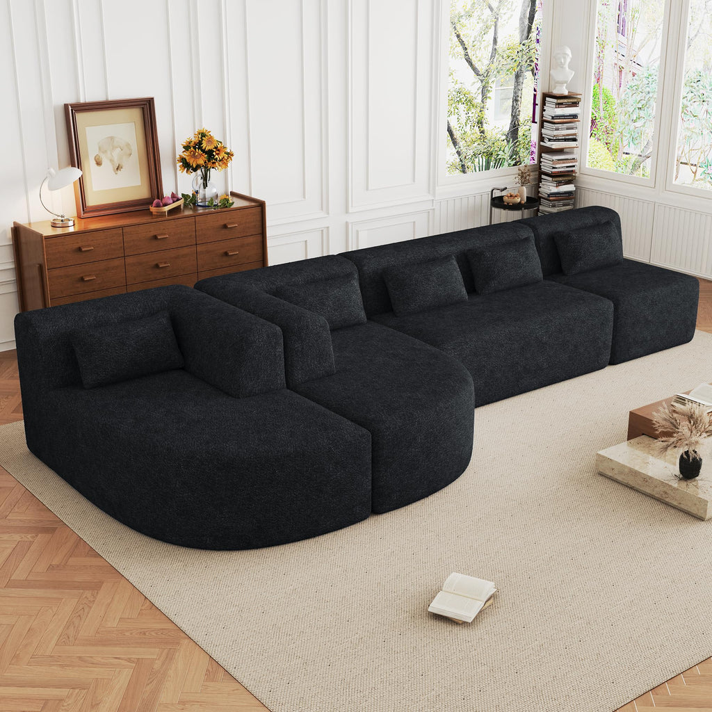 110" Sectional Sofa Round Curved Couch, Modern 4 Seat Sofa with Wood Grain Chenille Fabric, Comfy Deep Seat Sponge Couch with 4 Pillows for Living Room, White