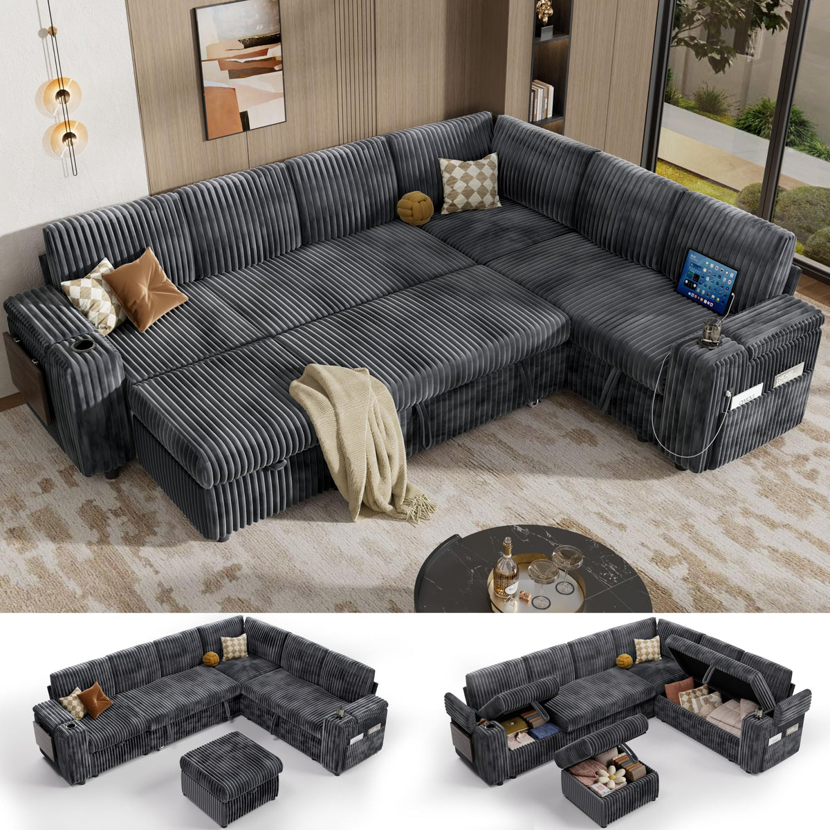 Vipbear 111" Modular Sectional Sleeper Sofa with Pull Out Bed, 7 Seat Plush Corduroy L Shaped Couch with Reclining Backrest|USB|Cupholders|Side Table|Storage Chaise Armrests, Beige