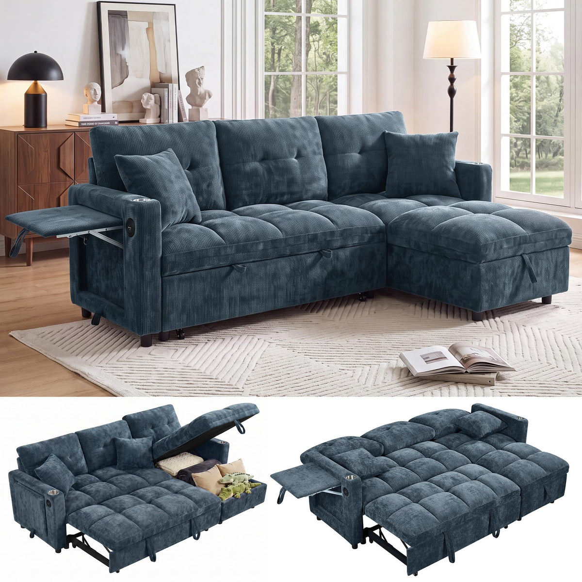 108”Pull Out Sofa Bed, U Shaped Sleeper Sofa for Living Room, Black