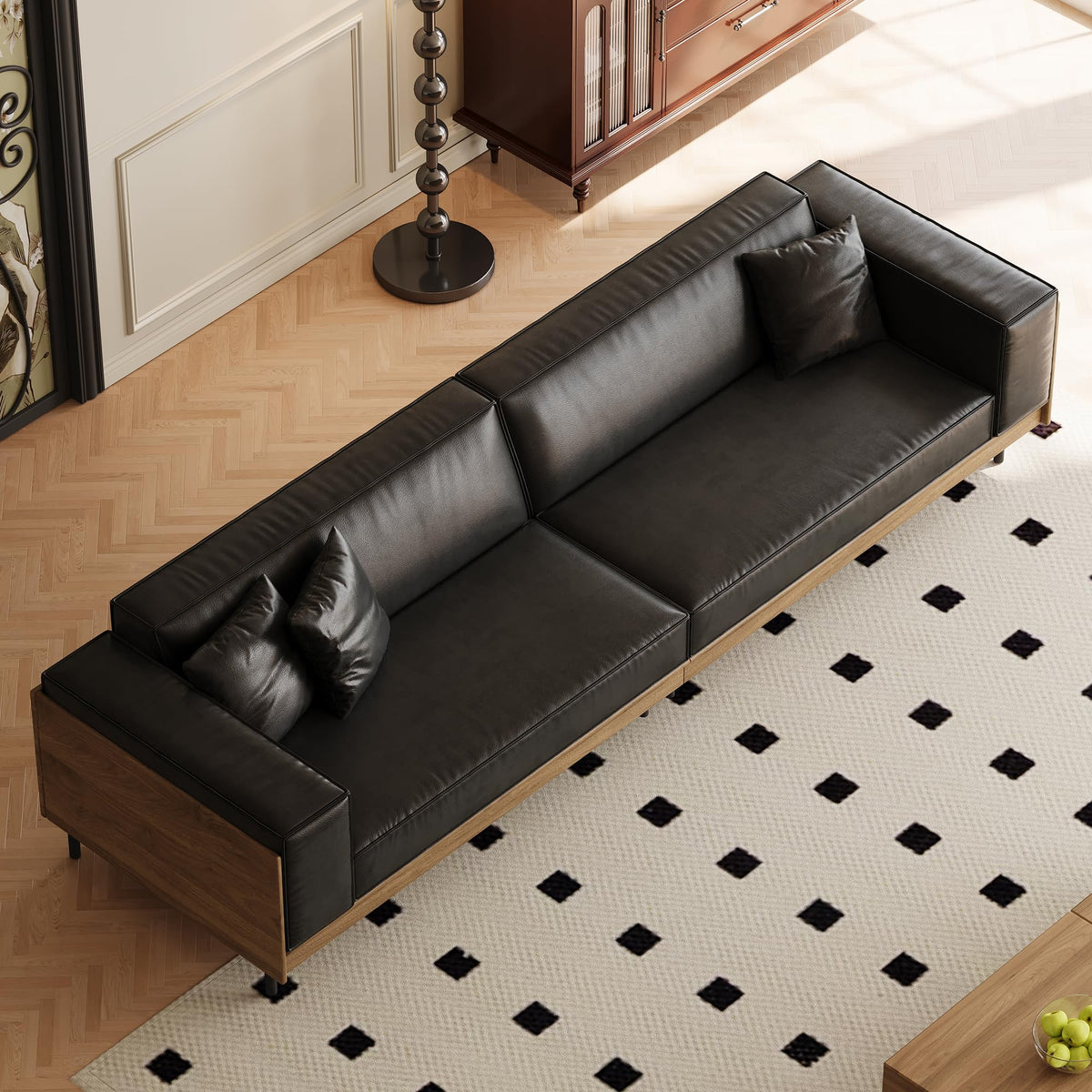 106.3" Leather 4 Seater Sofa, Mid Century Modern Couch Black