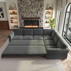 118'' Pull Out Couch, Convertible Sleeper Sofa Bed, Upholstered Sectional Sofa, Chenille L-Shaped Couch with Nailhead Trim, Modern Sectional Couches for Living Room, Apartment, Dark Grey