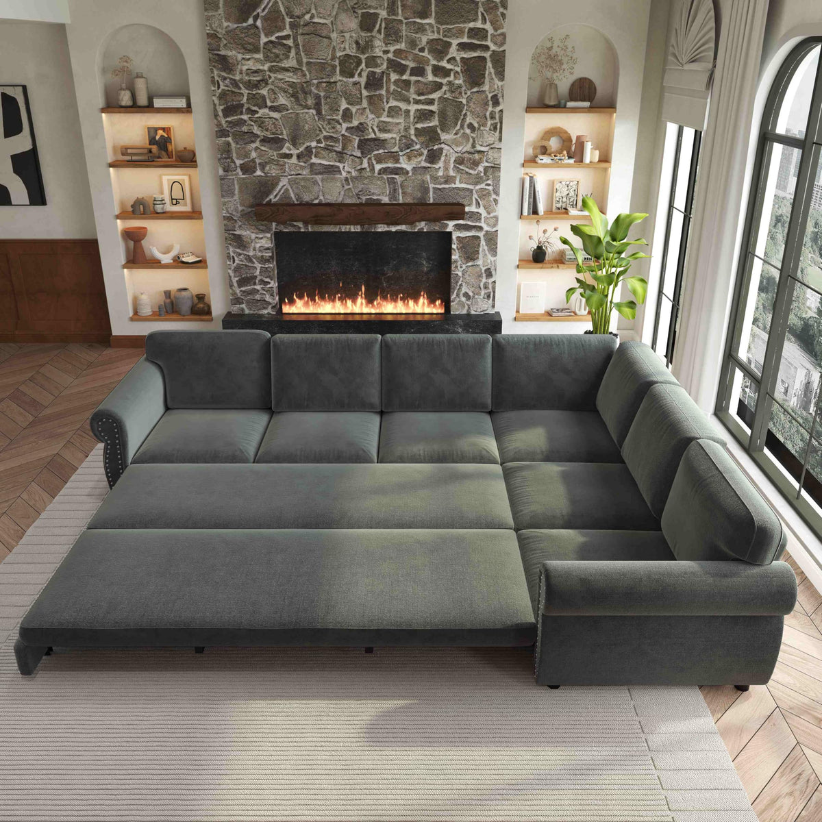 118'' Pull Out Couch, Convertible Sleeper Sofa Bed, Upholstered Sectional Sofa, Chenille L-Shaped Couch with Nailhead Trim, Modern Sectional Couches for Living Room, Apartment, Dark Grey