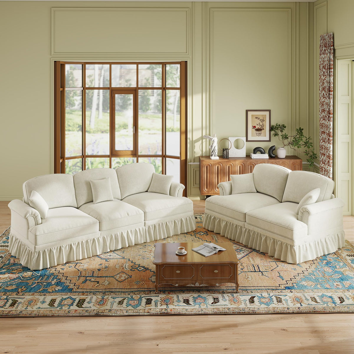 107'' Modern Sectional Sofa, Upholstered U-Shaped Couch with Removable Ruffles Pleats Skirts, Silver Chenille Cloud Couch, Ottoman, Flared Arms, 4-Seat Couches for Living Room, Bedroom, Camel