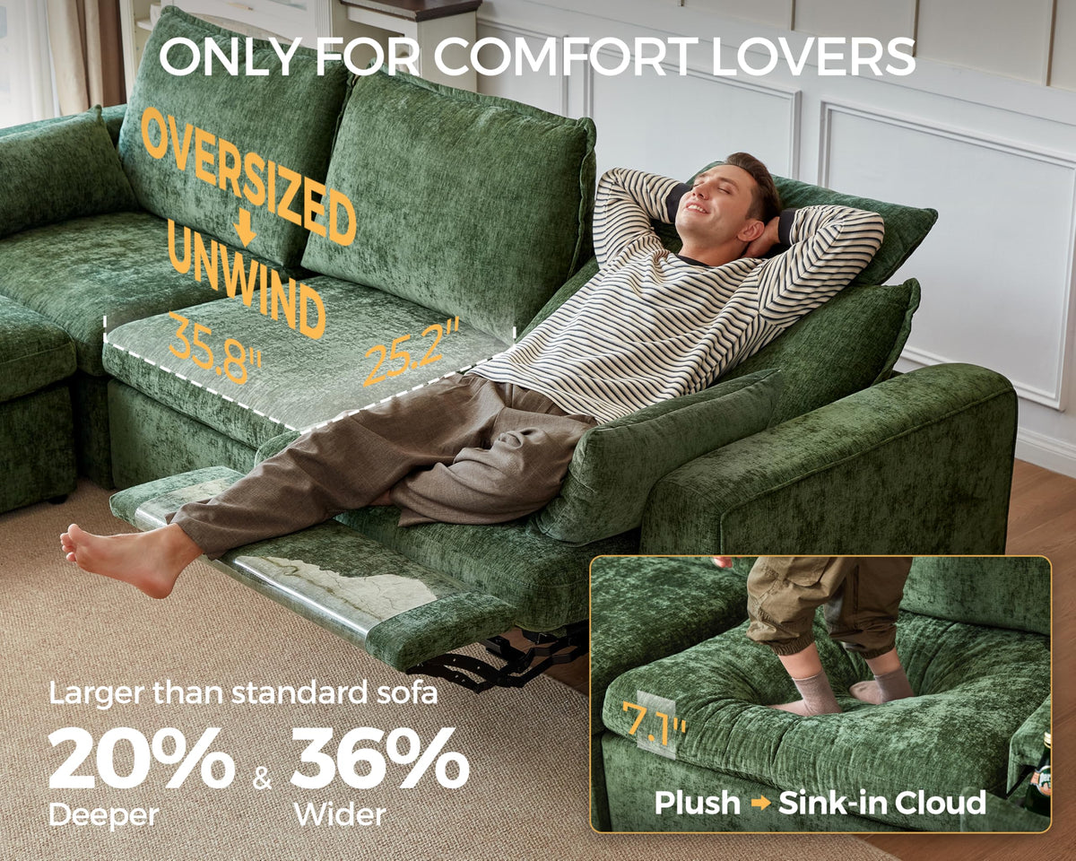 125" Modular Power Reclining Sectional 3 Seater Sofa with Ottoman, Chenille