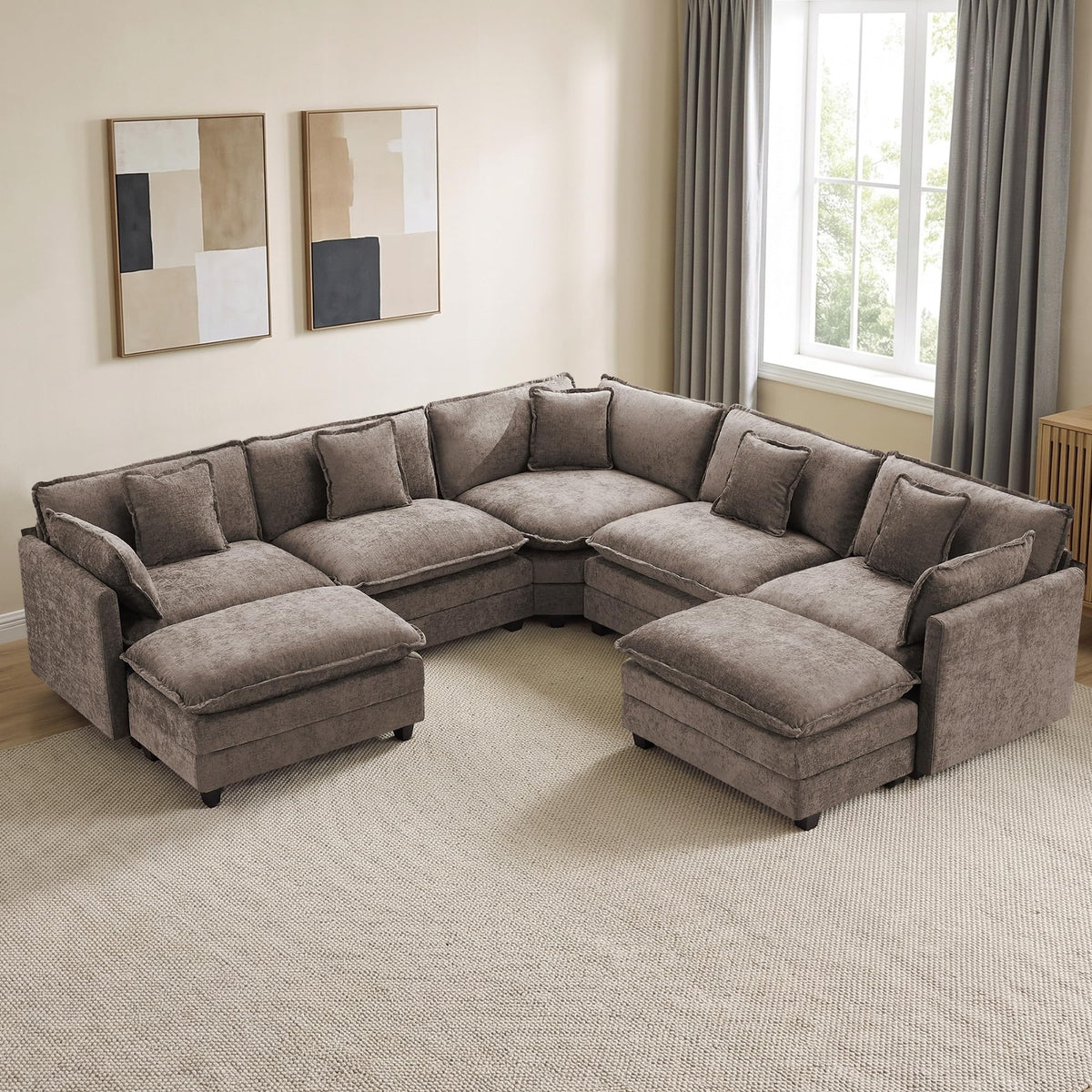 113" V-Shaped Cloud Couch, Modular Sectional for Living Room, Light Grey