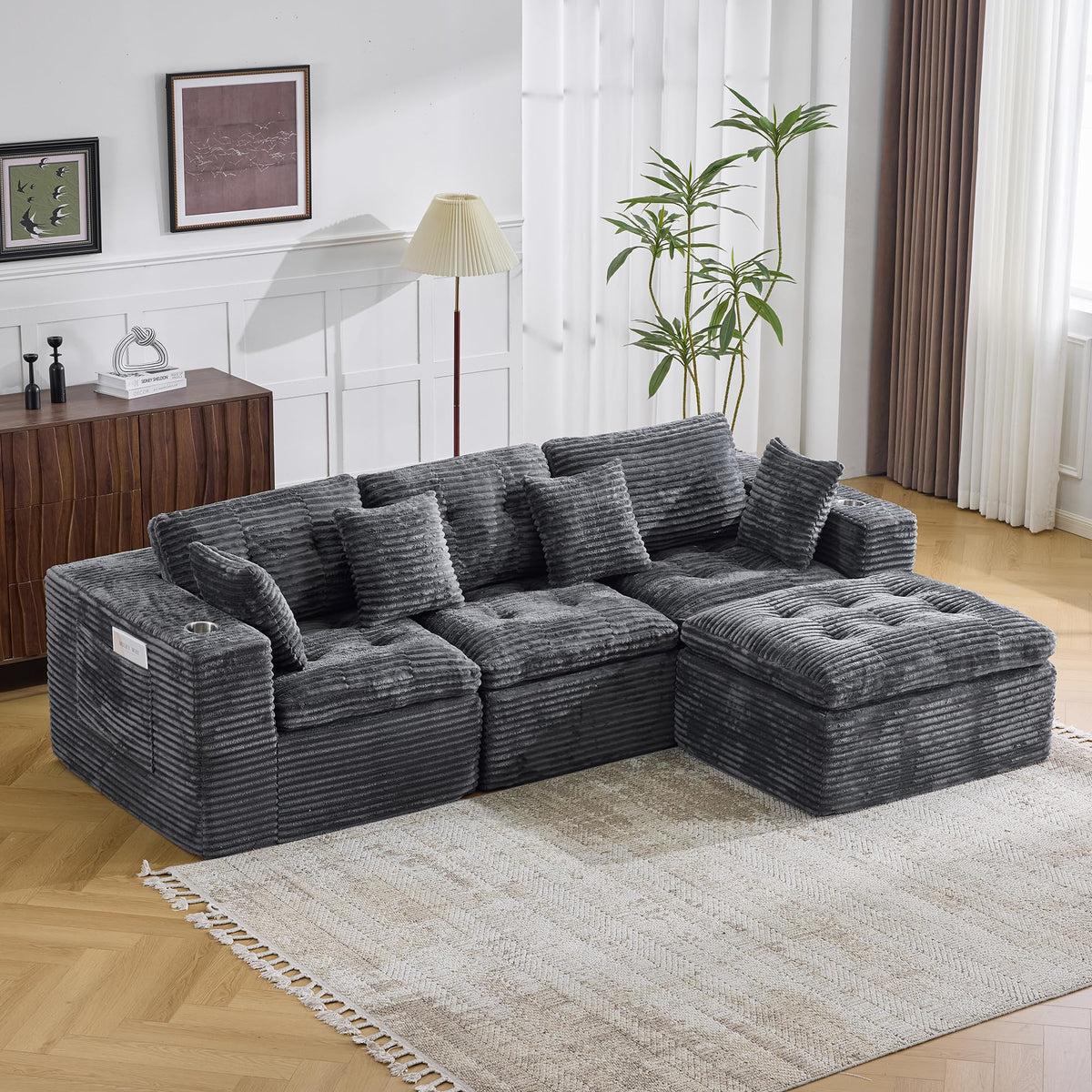 108.08" Boneless Sectional Couch, Modern U Shaped Modular Sectional Sofa Corduroy Upholstered for Living Room Oversized Deep Seat Cloud Couch with 2 Ottoman, No Assembly, Black