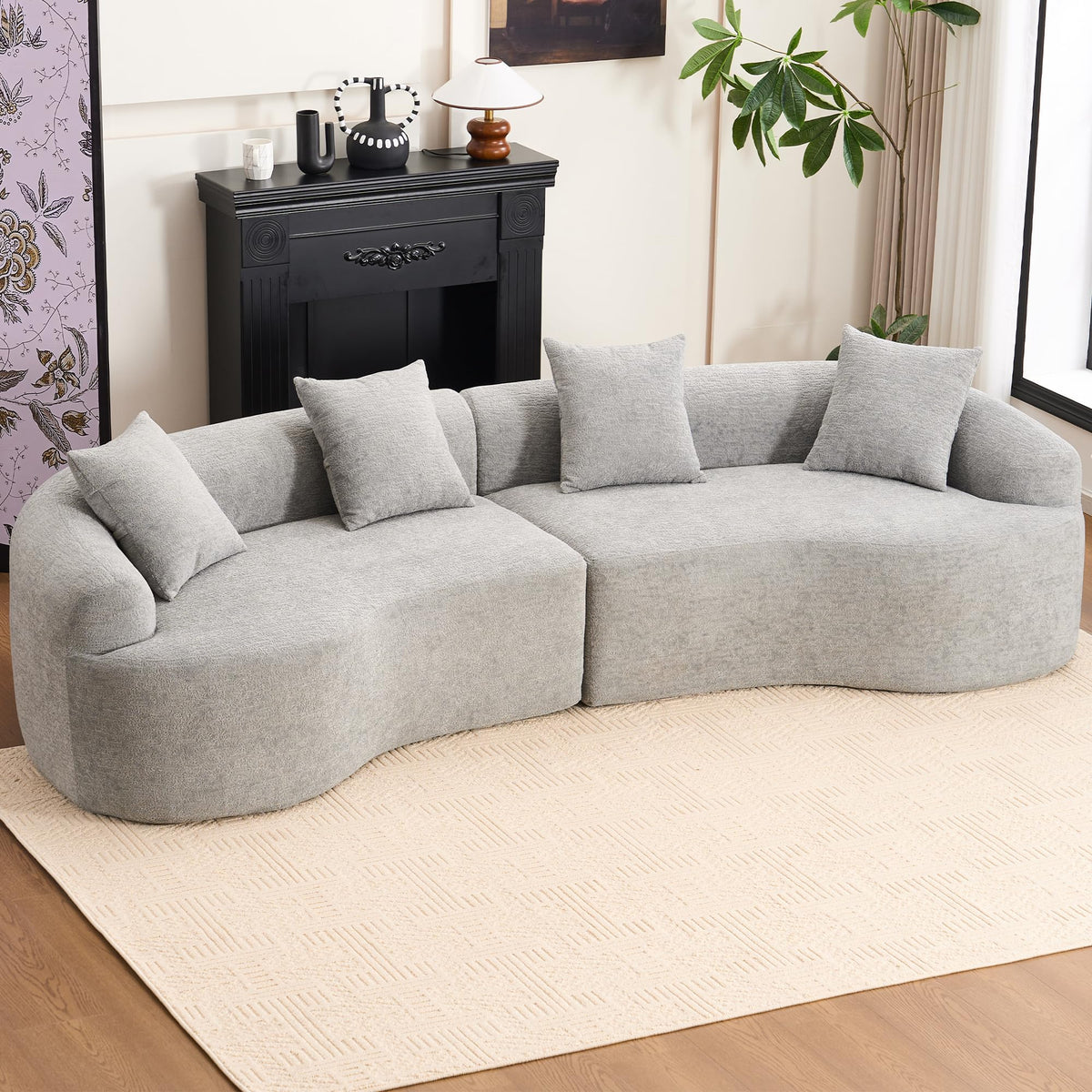 110" Sectional Sofa Round Curved Couch, Modern 4 Seat Sofa with Wood Grain Chenille Fabric, Comfy Deep Seat Sponge Couch with 4 Pillows for Living Room, White