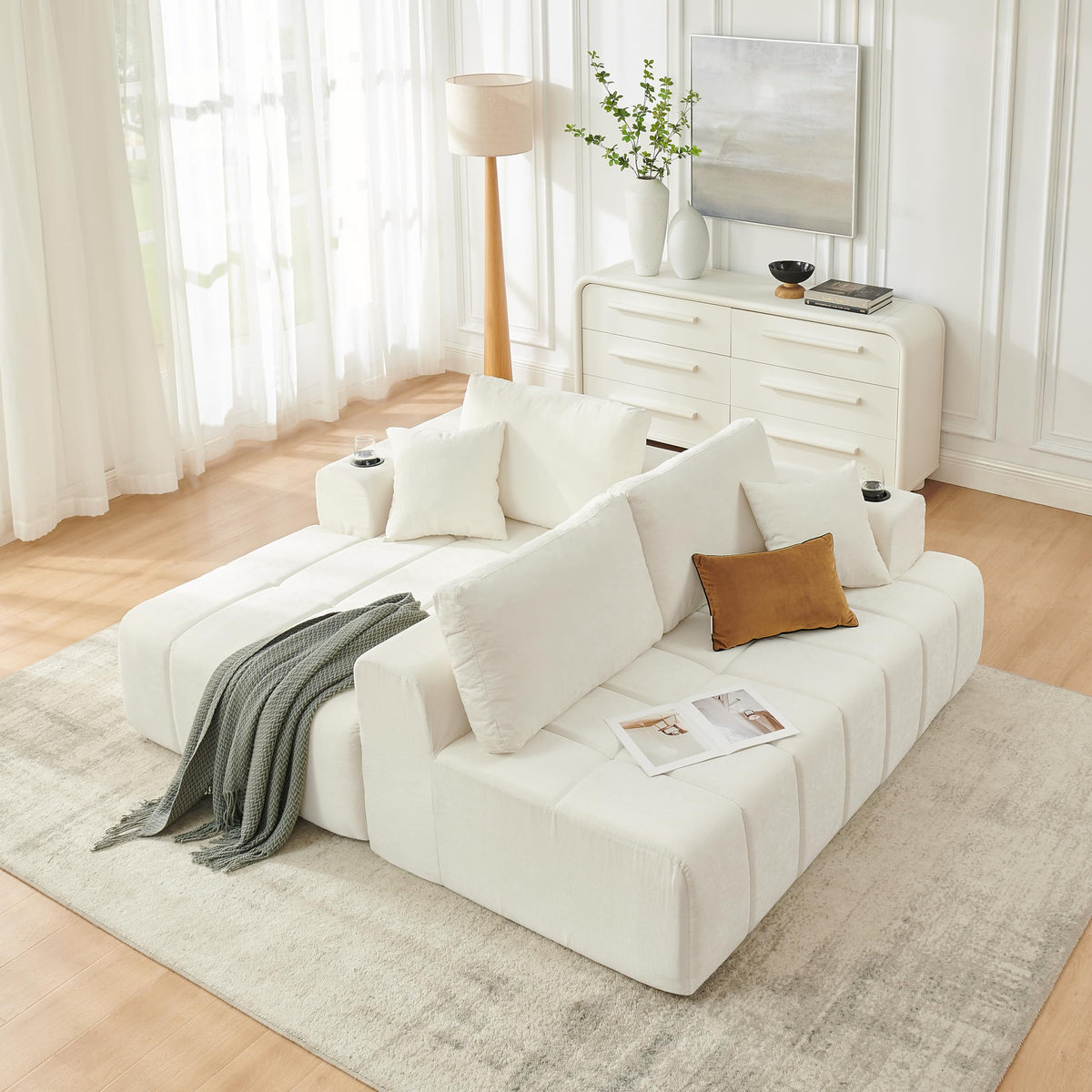 108" Oversized Cloud Boneless Sofa Couch with Chaise, Modern Tufted Chenille L Shaped Modular Sectional Sofa with Deep Seat, Comfy Corner Couch with Cupholders and Storage, No Assembly Required