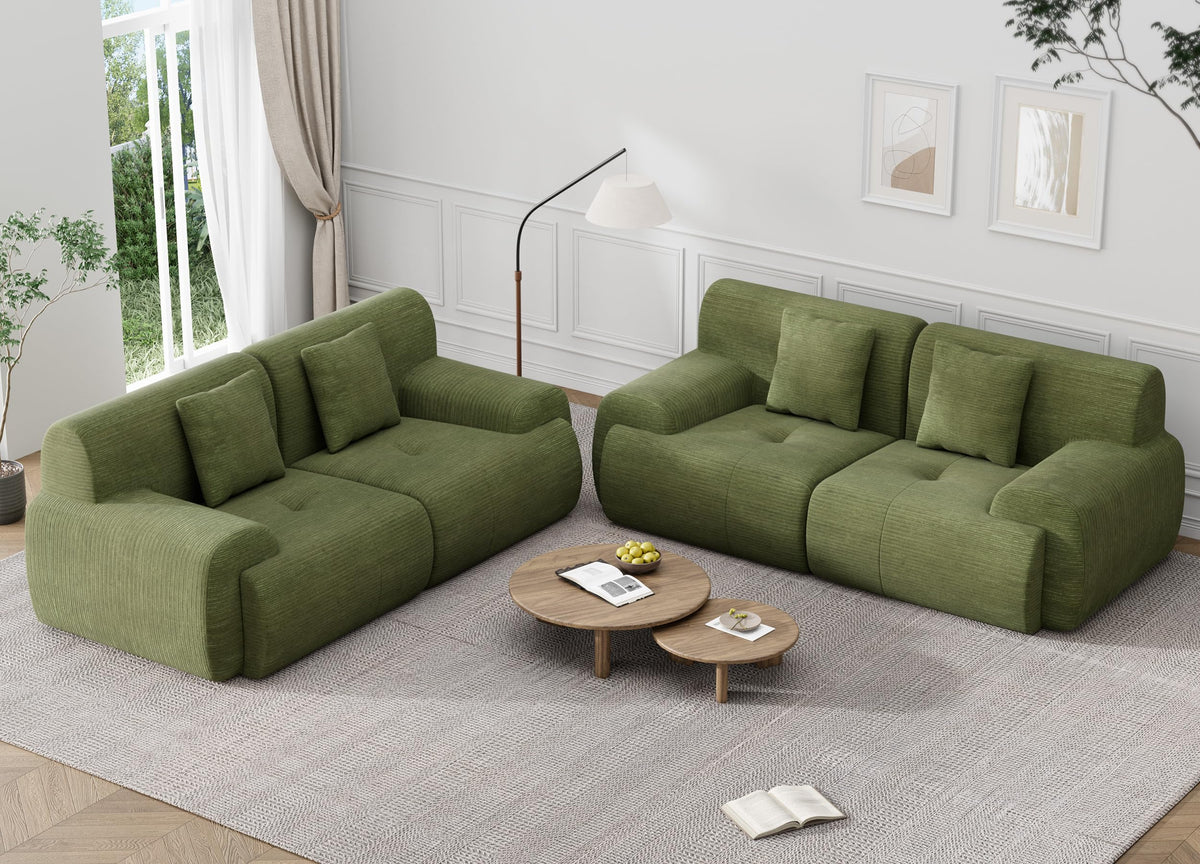 U Shaped Sectional Couch, Modular Cloud Couch Sofa, Boneless Sectional Sofa with Corduroy Fabric, Large Couches for Living Room,Green