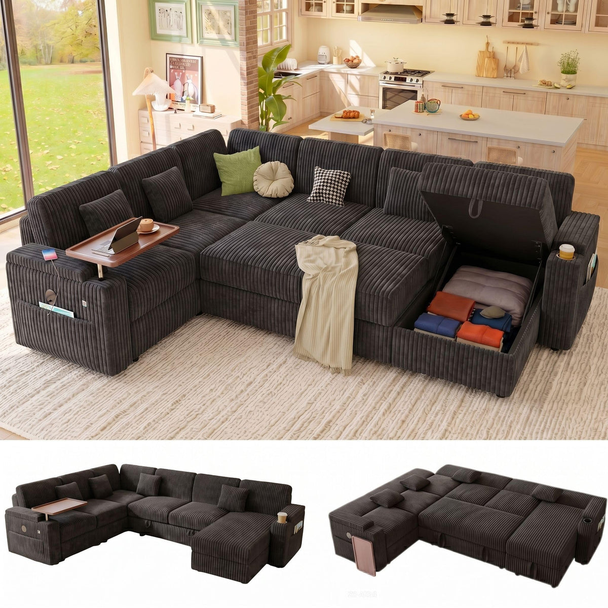 100" Modular Sectional Sleeper Sofa with Pull Out Bed, 7 Seat Corduroy U Shaped Couch with Storage Chaise|6-Position Backrest|Side Table|USB Port, Dark Grey Sectional Couches for Living Room