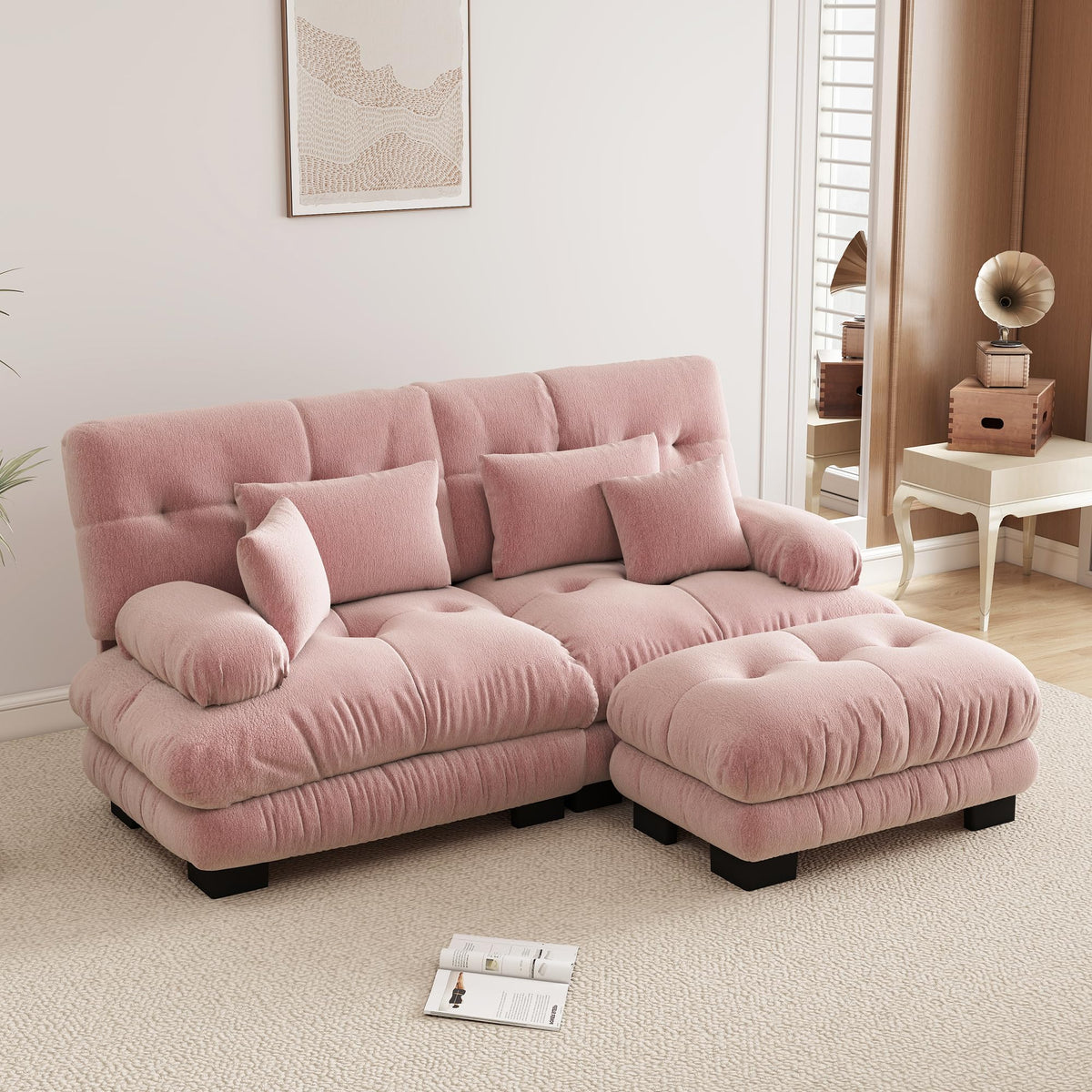 Velvet Modular Sectional Sofa,130" W Oversized U Shape Cloud Couch with 2 Ottomans,Free Combined 3 Seater Comfy Sofa with Bolster Armrest Pillows,Green for Living Room