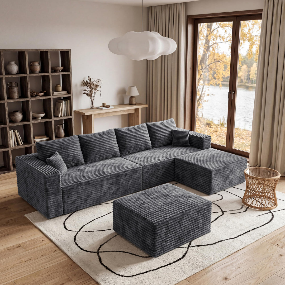 118'' U-Shaped Cloud Modular Sectional Sofa, Modern Corduroy Comfy 4-Seater Couch with 2 Ottomans, Upholstered Boneless Deep Seat Plush Sofa, No Assembly Needed, for Large Living Room, Grey