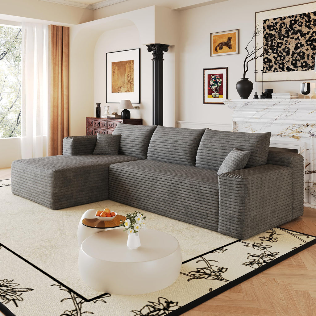 107" U-Shaped Cloud Sectional Couch with Ottoman for Living Room, Boneless Sofa, Compressed Sofa, No Assembly Required, Black Corduroy, Right Chaise