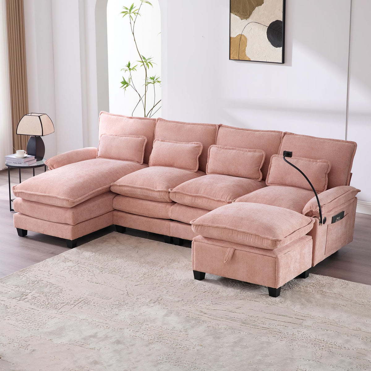 106" U Shape Sectional Sofa Cloud Couch for Living Room, Upholstery Comfy Modular Sofas, 4 Seat Chenille U Shaped Sleeper Sofa with Chaise Lounge, Ottoman Pillows