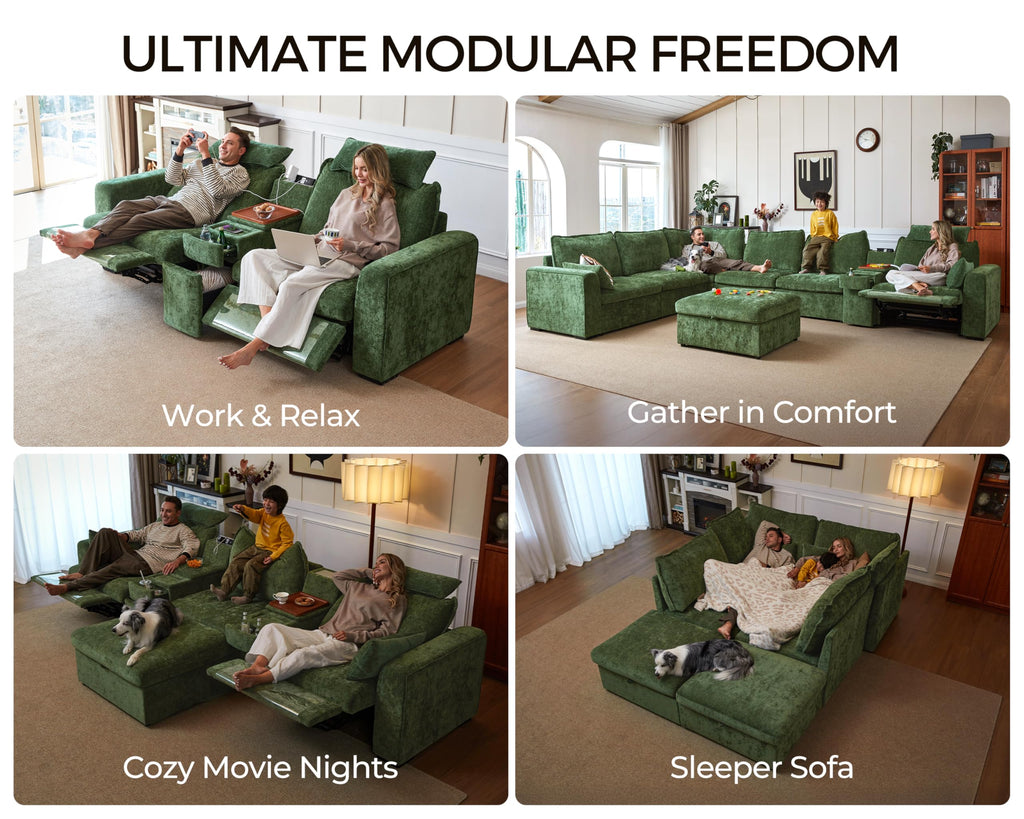 125" Modular Power Reclining Sectional 3 Seater Sofa with Ottoman, Chenille
