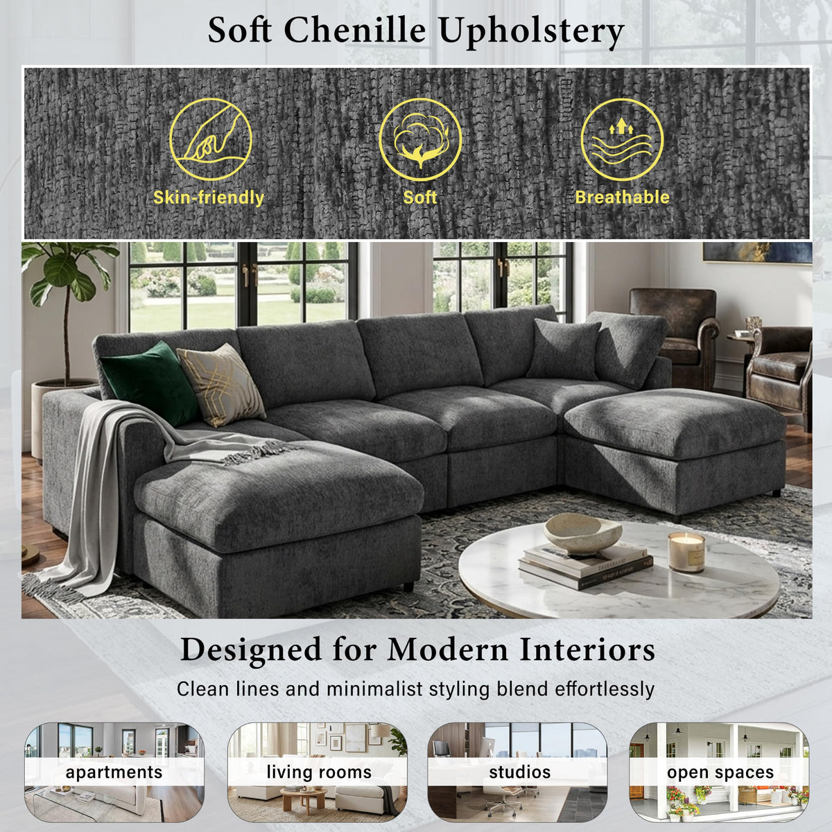 130.3" 6-Seater Modular Sectional Sofa，Grey-M