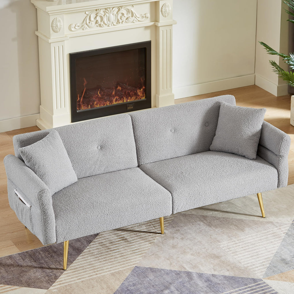 Upholstered Accent Loveseat Sofa with Side Pocket,Folding Sleeper Sofa Bed with Foldable Armrest, Adjustable Backrest and Golden Metal Legs for Living Room,Grey