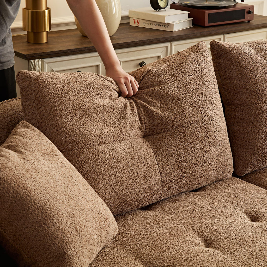110.24'' Modern Moon Curve Couch with 4 Removable Throw Pillows,Durable Fabric Sectional Sofa with Solid Wood Frame,High Density Sponge, Easy Assembly,Camel