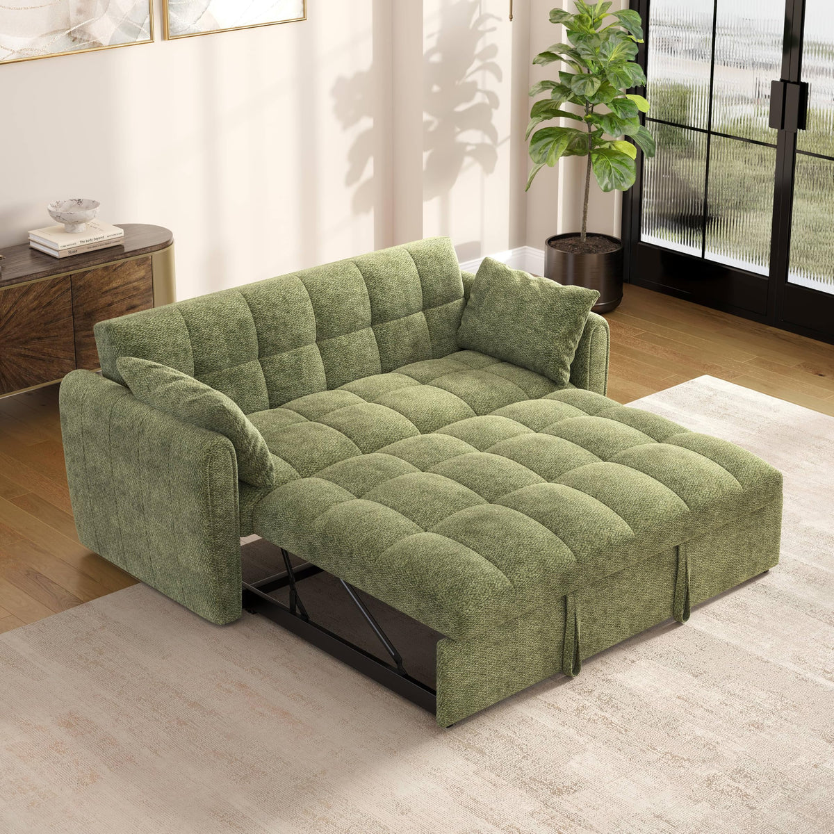 100" Modular Sectional Sleeper Sofa with Pull Out Bed/Side Table/USB Charging/Storage Chaise, Comfy Convertible Cloud Couch, U Shaped 7 Seat Corduroy Sofa with Cup Holders,Green