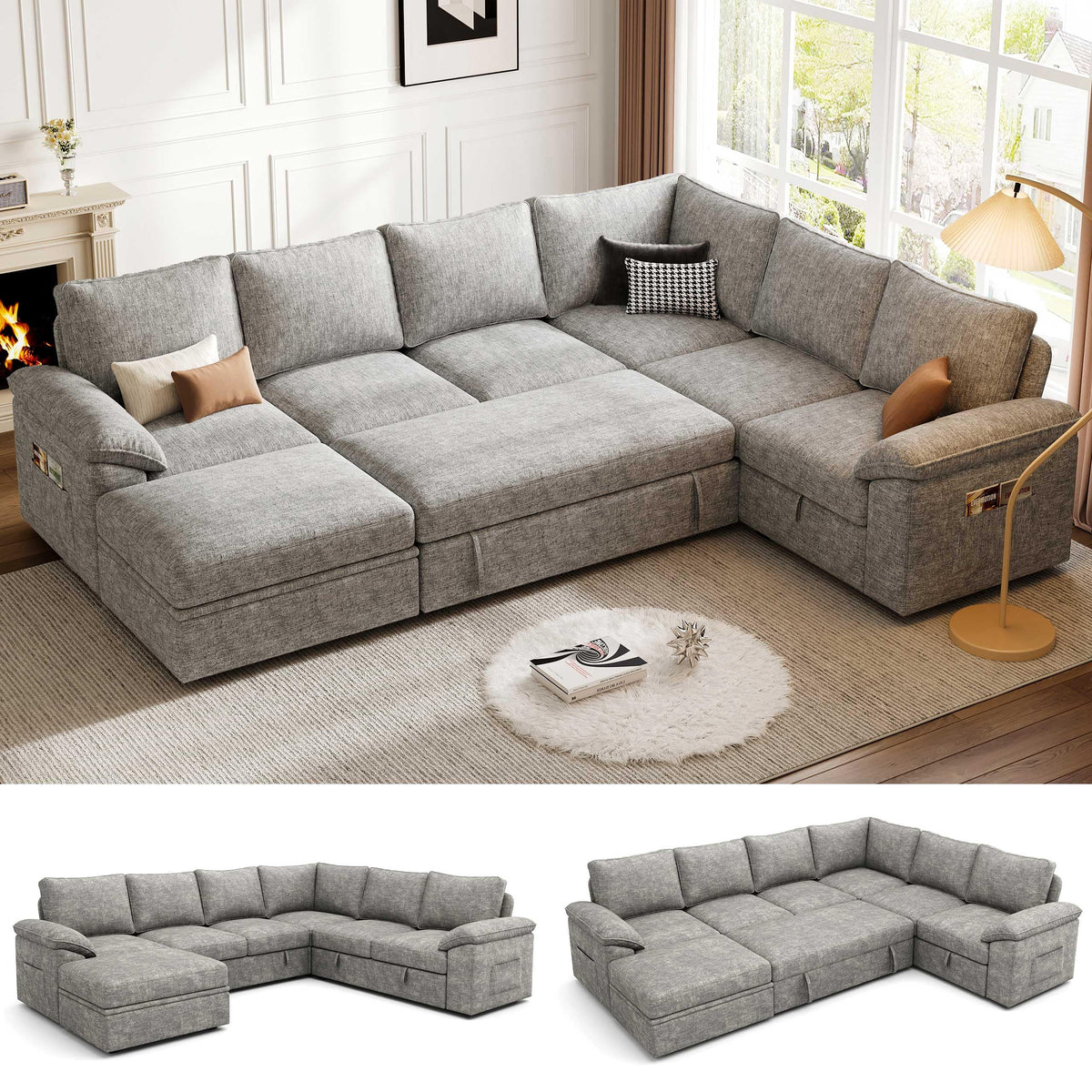 Weture 108" Modular U Shaped Sectional Sofa with Pull Out Sleeper Bed and Storage, 7 Seater Cloud Couch for Living Room, Light Grey