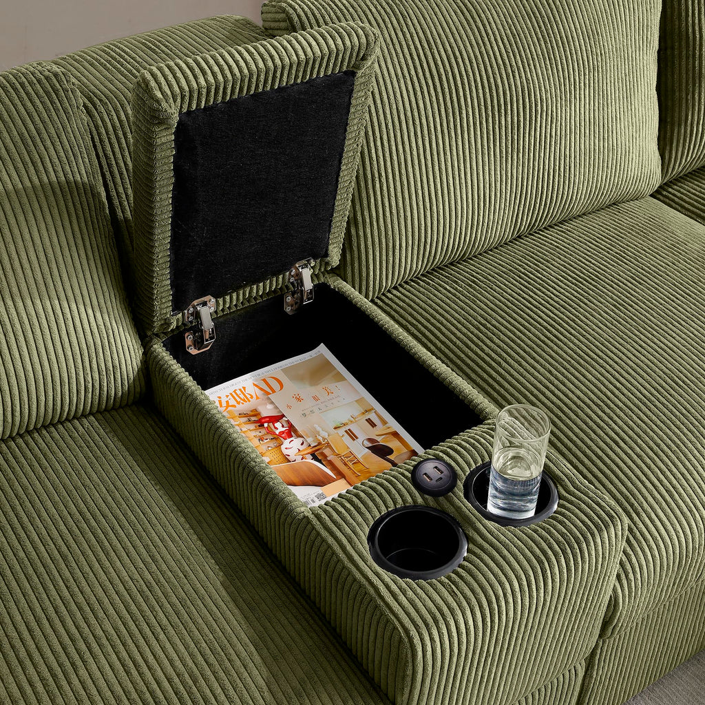 126" Oversized U Shaped Couch,Cloud Couch with Console,USB,Cup Holders & Storage,Corduroy Couch,which can be Used as a Recliner Couch for Living Room or Apartment.(Green)