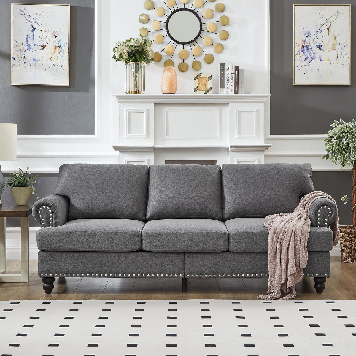 Tidyard 8? Modern Classic Fabric Sofa with Nailhead Trim, Grey Polyester Upholstered 3-Seater Couch for Living Room, Removable Cover, Storage Under Seat, Solid Wood Frame
