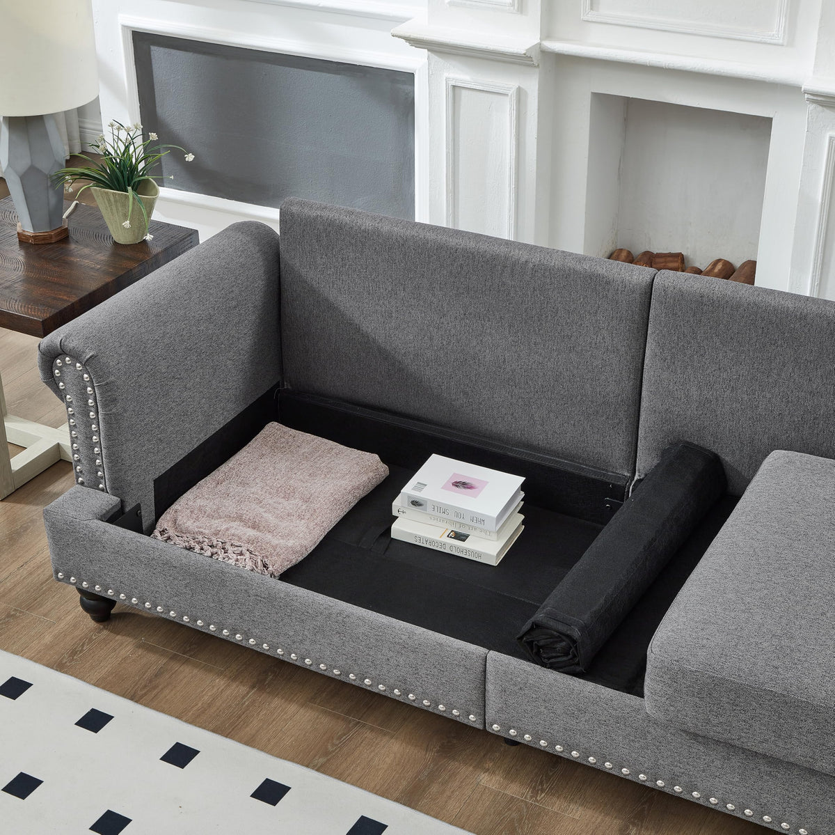 Tidyard 8? Modern Classic Fabric Sofa with Nailhead Trim, Grey Polyester Upholstered 3-Seater Couch for Living Room, Removable Cover, Storage Under Seat, Solid Wood Frame