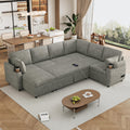109.9" U-Shaped Sectional Sofa Bed Light Grey, Convertible Sofa with Storage Chaise, Built-in Cup Holders & Charging Ports, Chenille Fabric Living Room Furniture