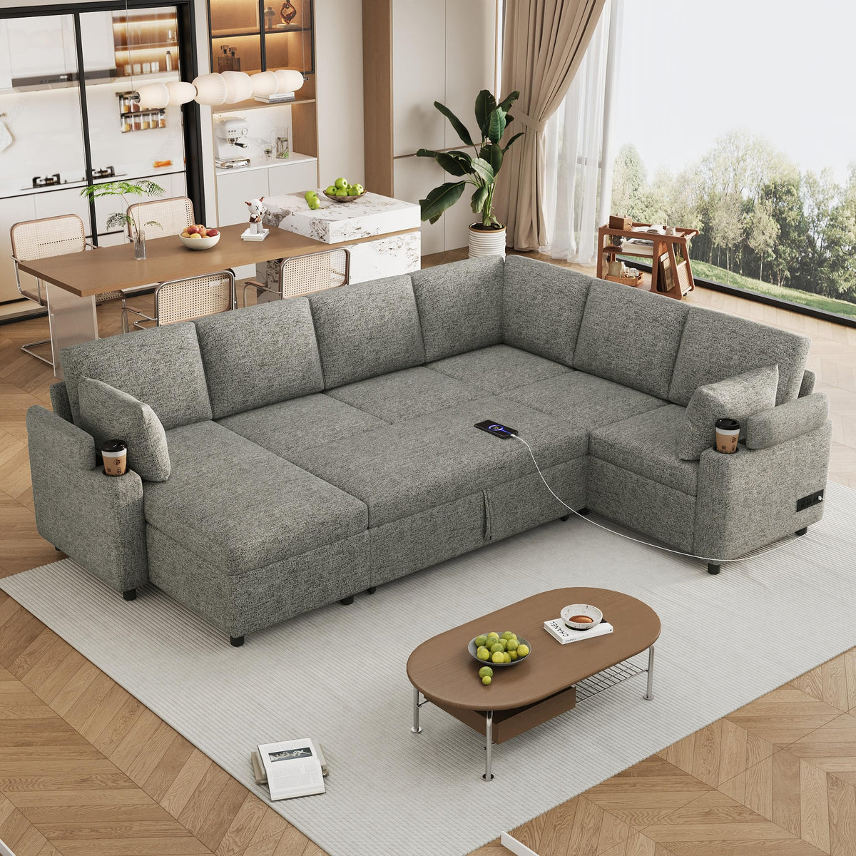 109.9" U-Shaped Sectional Sofa Bed Light Grey, Convertible Sofa with Storage Chaise, Built-in Cup Holders & Charging Ports, Chenille Fabric Living Room Furniture